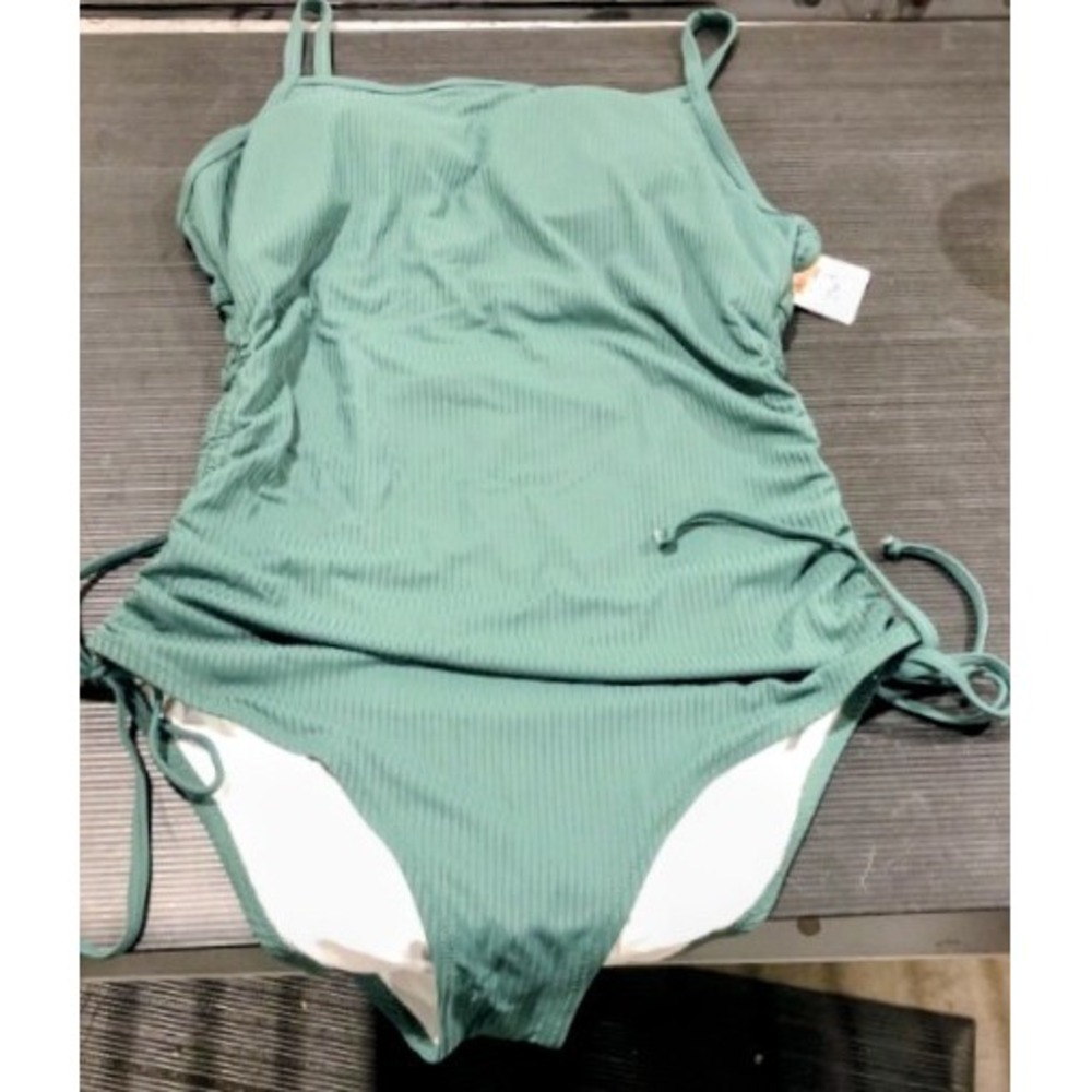 Green One Piece Bathing Suit Womens L Ribbed Side Tie Square Neck 492 NWT